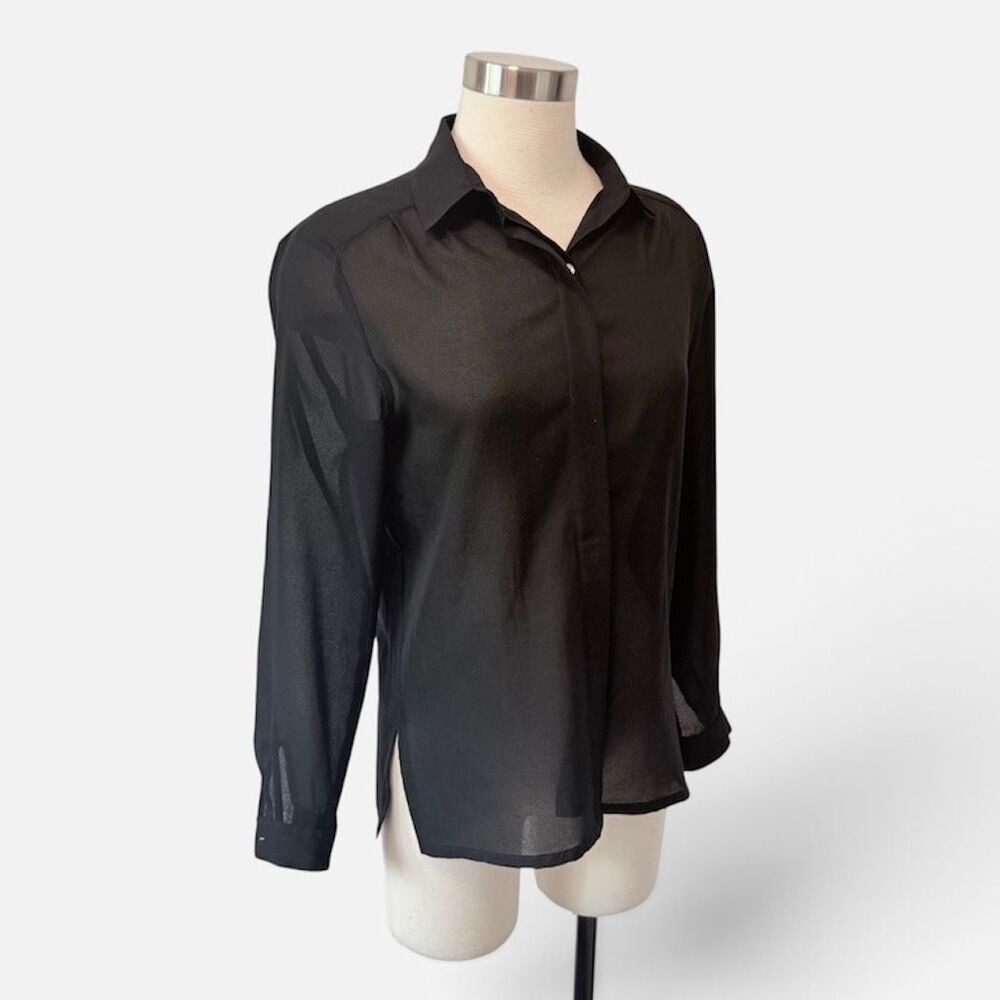 Contempo Casuals Black Sheer Button Down Blouse Small Top Shirt VTG 70s